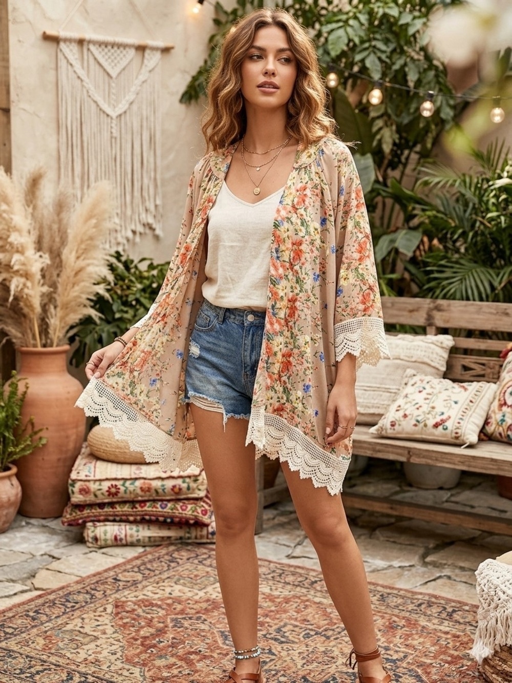 Umgee USA Floral Crochet Lace Hem Kimono open front cardigan Women’s Size S/M